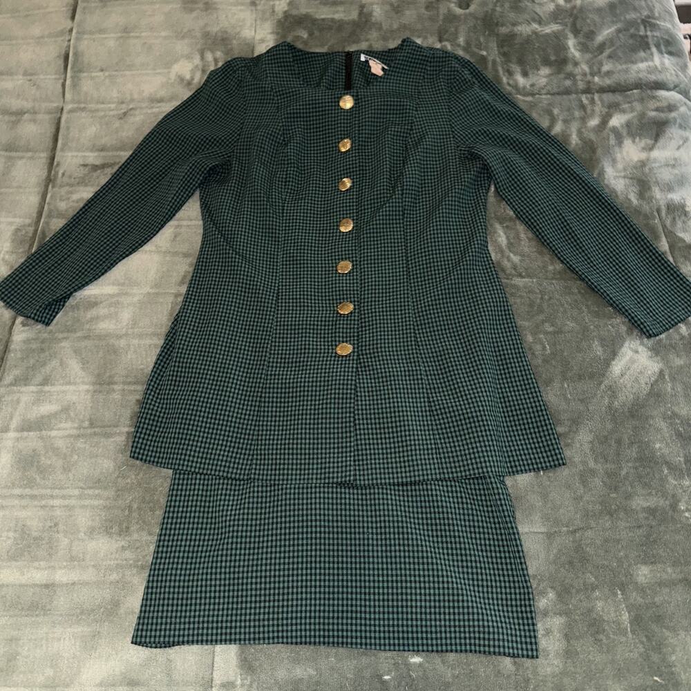 VTG Coco Bianco Layer Dress Women's 16 Green Black Gingham Back Zip Button Front
